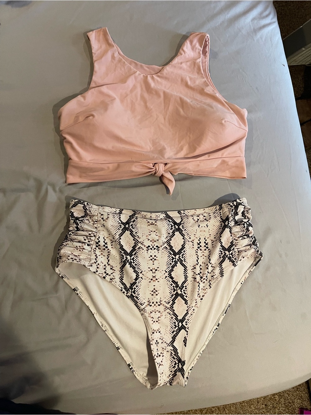 High-Waist Snakeskin Bikini Set with Blush Pink Top